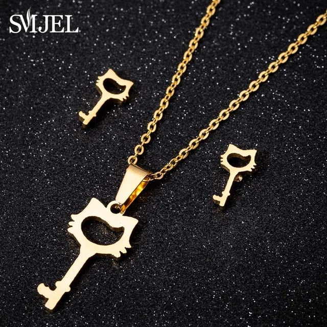 SMJEL Stainless Steel Mickey Necklace Women Jewelry Sets Bijoux Animal Butterfly Necklaces Pendants Cute Earrings Kids Gifts