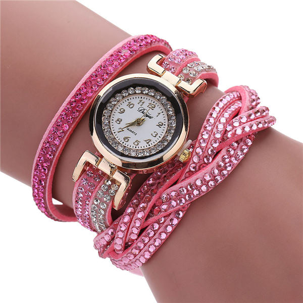 Fashion Casual Gold Quartz Women Rhinestone Watch Braided Leather Bracelet Watch Gift Ladies Wristwatch Relogio Feminino Gift #b