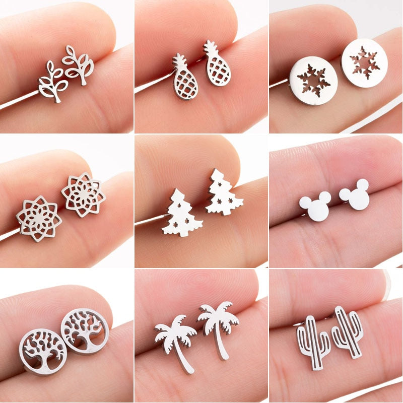 SMJEL Bohemia Mickey Earrings Women Kids Fashion Stainless Steel Leaf Pineapple Flower Stud Earings Tree Jewelry pendientes