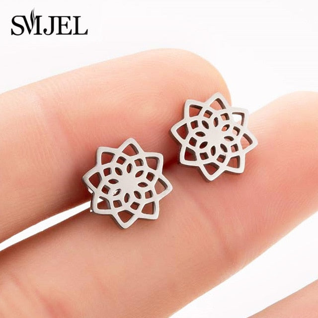 SMJEL Bohemia Mickey Earrings Women Kids Fashion Stainless Steel Leaf Pineapple Flower Stud Earings Tree Jewelry pendientes