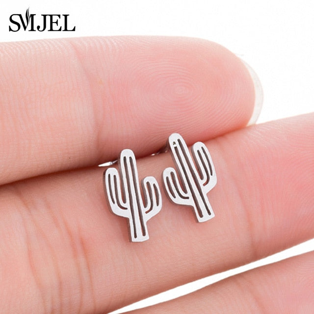 SMJEL Bohemia Mickey Earrings Women Kids Fashion Stainless Steel Leaf Pineapple Flower Stud Earings Tree Jewelry pendientes