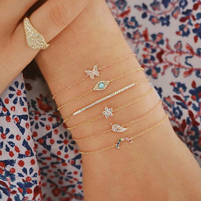 DIEZI Punk Butterfly Eye Star Moon Leaves Crystal Gem Shiny Gold Multilayer Chain Bracelet Set Women Exquisite Party Jewelry