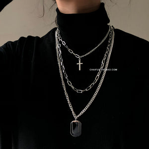 HUANZHI 2019 New Personality Cross Square Metal Multilayer Hip hop Long Chain Cool Simple Necklace For Women men Jewelry Gifts