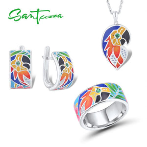 SANTUZZA Jewelry Set For Women Pure 925 Sterling Silver HANDMADE Colorful Enamel Parrot Ring Earring Pendant Fashion Jewelry Set