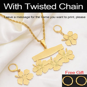 Anniyo Customize Name Necklace and Earrings Micronesia Guam Hawaiian Flower Jewelry Sets for Print Letters Birthday Gift#107321