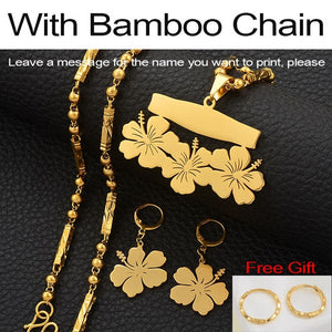 Anniyo Customize Name Necklace and Earrings Micronesia Guam Hawaiian Flower Jewelry Sets for Print Letters Birthday Gift#107321