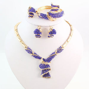 Fashion High Quality Nigerian Wedding African Beads Jewelry Sets Blue Crystal Dubai Gold Color Big Jewelry Sets Costume